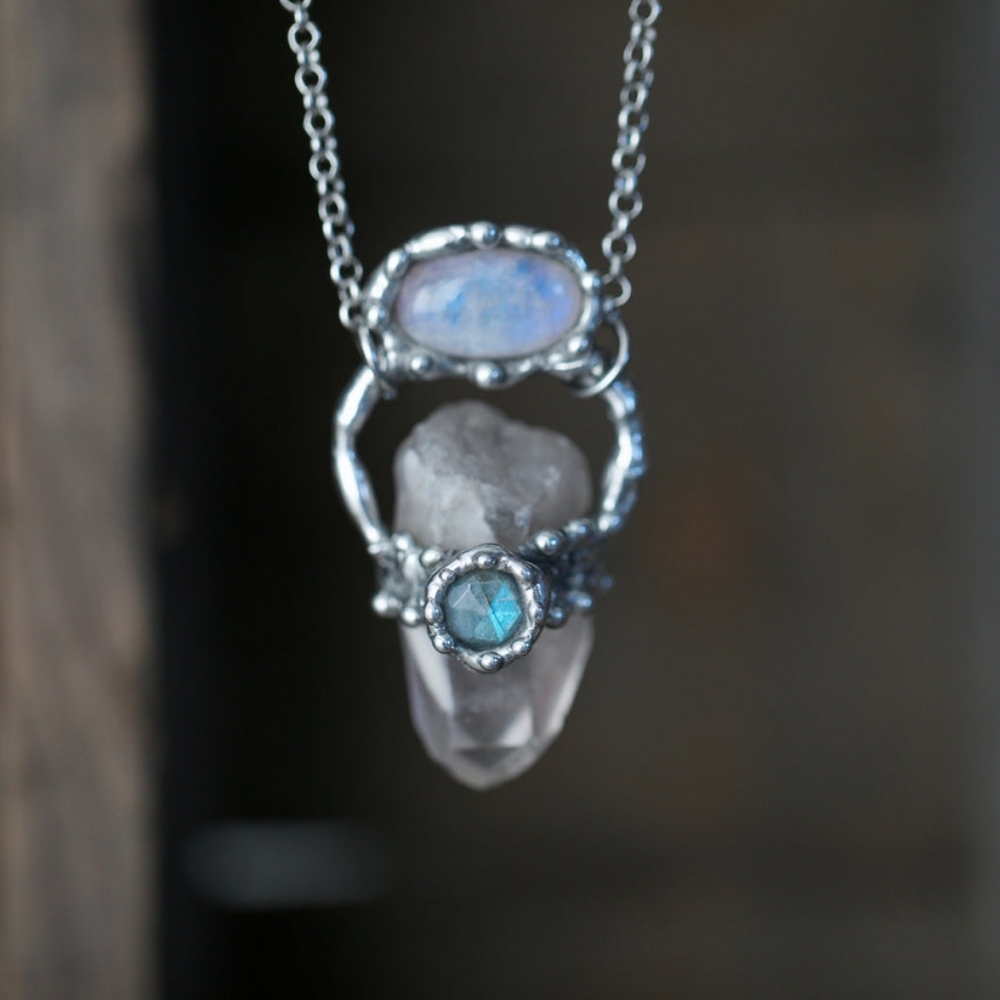 Moonstone Labradorite Crystal Quartz Necklace Handmade